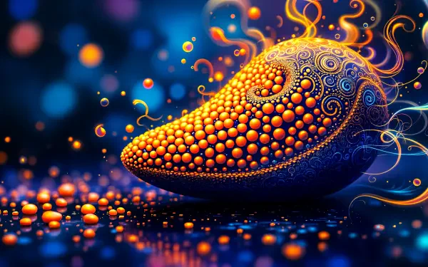 A colorful, abstract representation of a lentil, featuring intricate patterns and vibrant colors set against a blurred blue background. This 4K Ultra HD wallpaper adds depth and artistry.