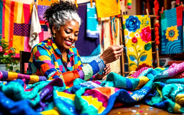 A joyful woman with gray hair stitches colorful quilt pieces, surrounded by vibrant fabric and artistic decorations, showcased as a 4K Ultra HD desktop wallpaper and background.