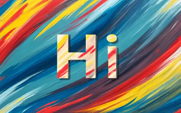 A vibrant 4K Ultra HD wallpaper featuring bold brush strokes in red, yellow, and blue, with the word Hi prominently displayed in the center.