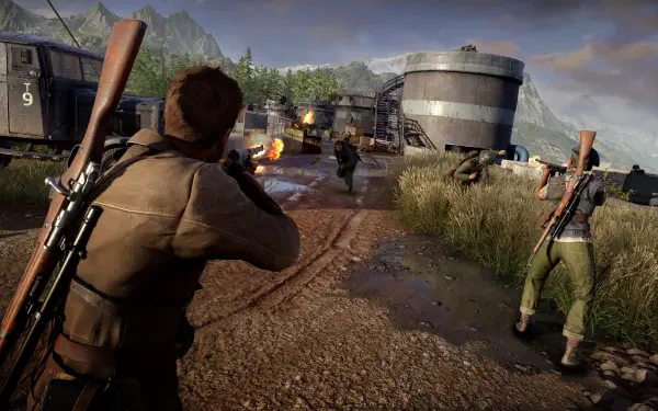 4K Ultra HD PC wallpaper from the video game Sniper Elite: Resistance, showing armed soldiers in a rural industrial setting with mountains in the background.