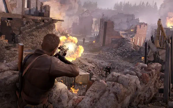 A dramatic scene from Sniper Elite: Resistance, featuring a soldier aiming a weapon amidst a war-torn landscape, complete with explosions and destruction, captured in 4K Ultra HD.