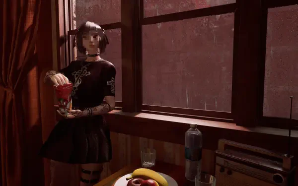 A character from the video game The Inn-Sanity stands by a window, holding a drink. A table features fruits and bottles, creating an immersive HD PC desktop wallpaper scene.