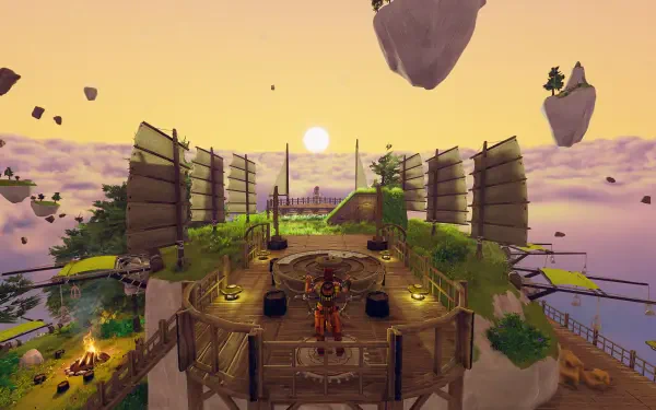 A stunning 4K Ultra HD wallpaper from the video game Aloft, featuring a vibrant outdoor scene with floating islands and a serene sunset, creating an immersive atmosphere.