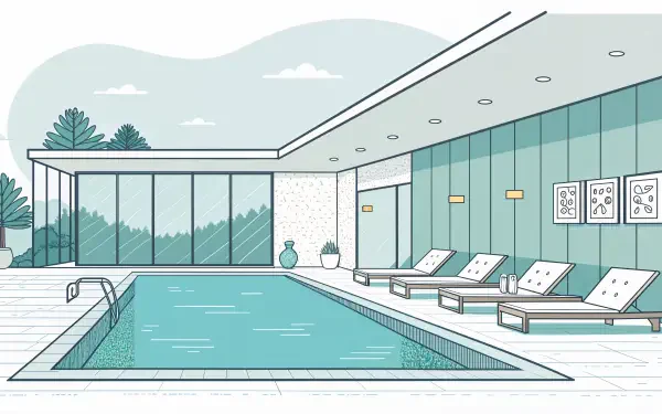 A serene spa scene featuring a tranquil indoor pool surrounded by lounge chairs and large windows, enhanced by a calming color palette, presented in 4K Ultra HD quality.