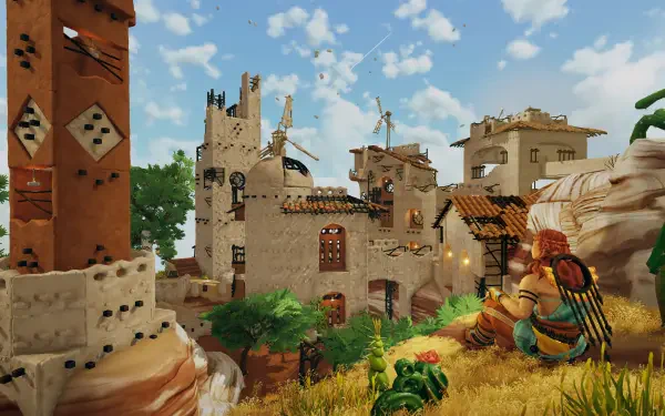 A vibrant 8K Ultra HD wallpaper featuring a scenic landscape from the video game Aloft, showcasing detailed architecture and lush greenery under a blue sky.