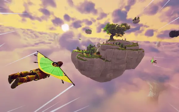 A vibrant 4K Ultra HD wallpaper from the video game Aloft, showcasing a character gliding through colorful clouds with a floating island in the background.