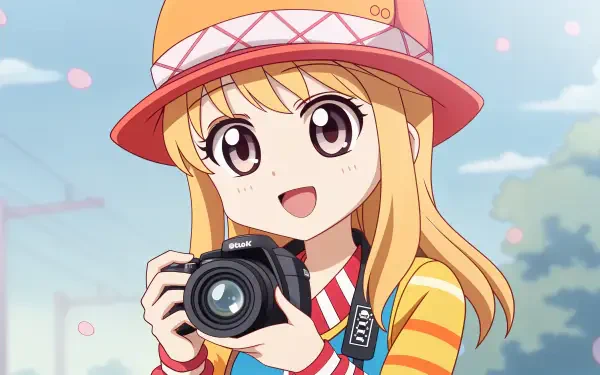 A kawaii anime girl with big eyes and a cheerful smile holds a camera, wearing a colorful striped shirt and a stylish hat, surrounded by soft pink petals in this vibrant 4K Ultra HD wallpaper.