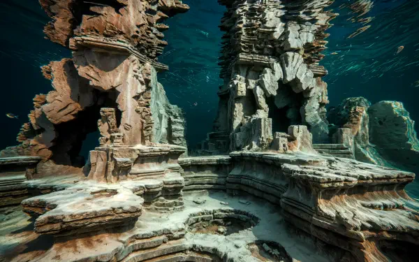 A stunning underwater scene showcasing ancient ruins, captured in vibrant detail, offering a captivating view as a 4K Ultra HD PC desktop wallpaper and background.