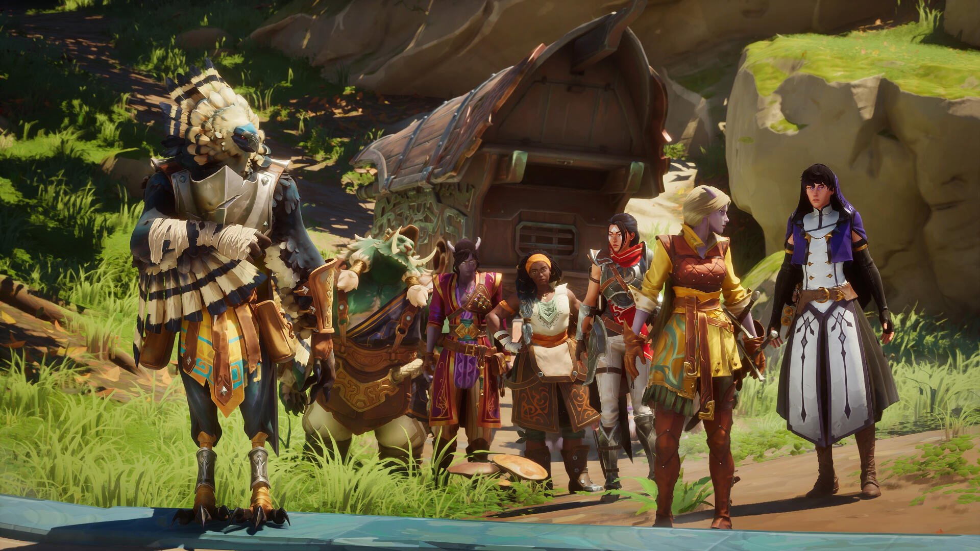 A vibrant 4K Ultra HD wallpaper featuring characters from the video game Eternal Strands, standing together in a lush, detailed environment with a unique backdrop.