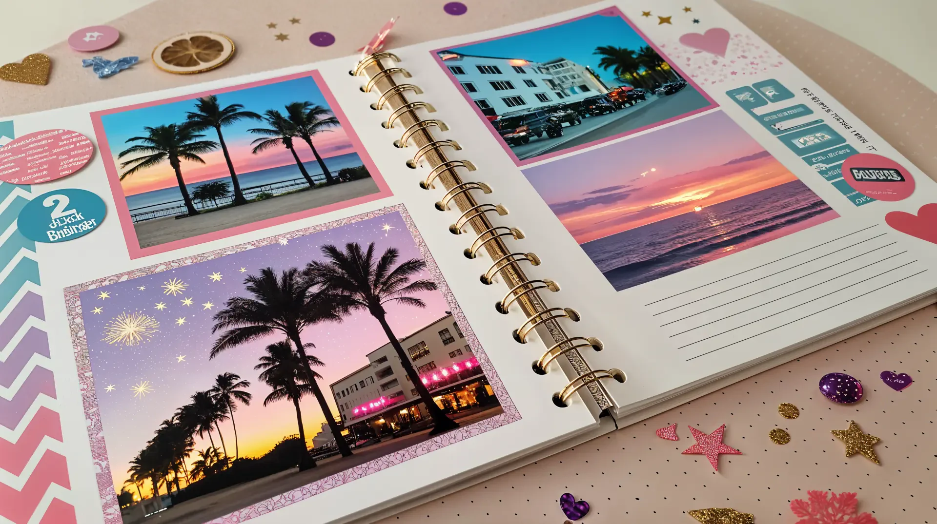 A 4K Ultra HD scrapbooking image featuring a decorated album page with vibrant photos of palm trees, beach scenes, and a sunset, embellished with colorful stickers and sparkles.