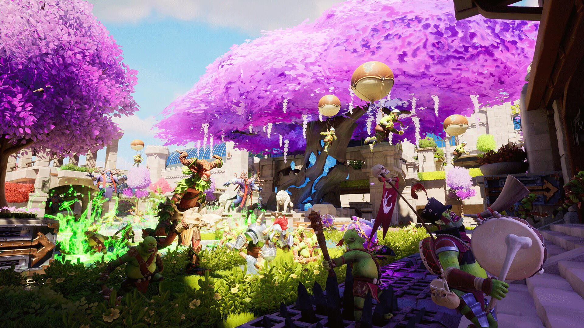 An HD wallpaper from the video game *Orcs Must Die! Deathtrap*, featuring vibrant landscapes with orcs and magical elements under a canopy of purple trees.