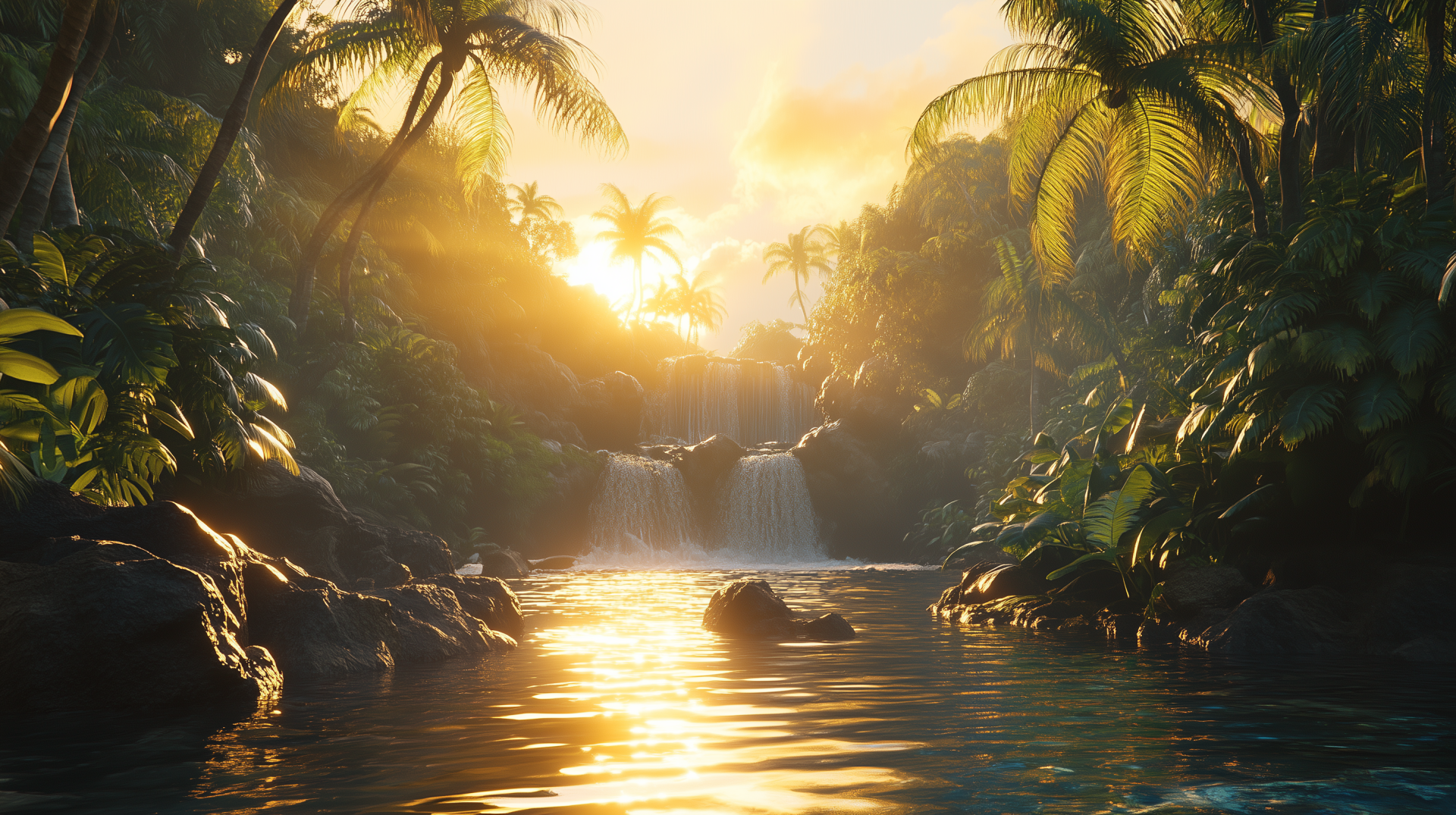 A serene landscape during golden hour, featuring lush palm trees and a tranquil waterfall cascading into a reflective pool, embodying the beauty of nature in fall.