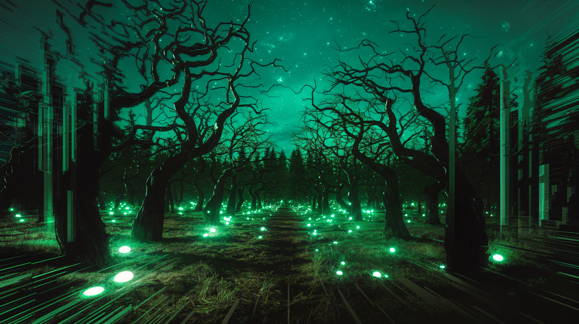 A spooky forest scene with twisted, bare trees under an eerie green sky, illuminated by glowing orbs on the ground, presented in 4K Ultra HD resolution.