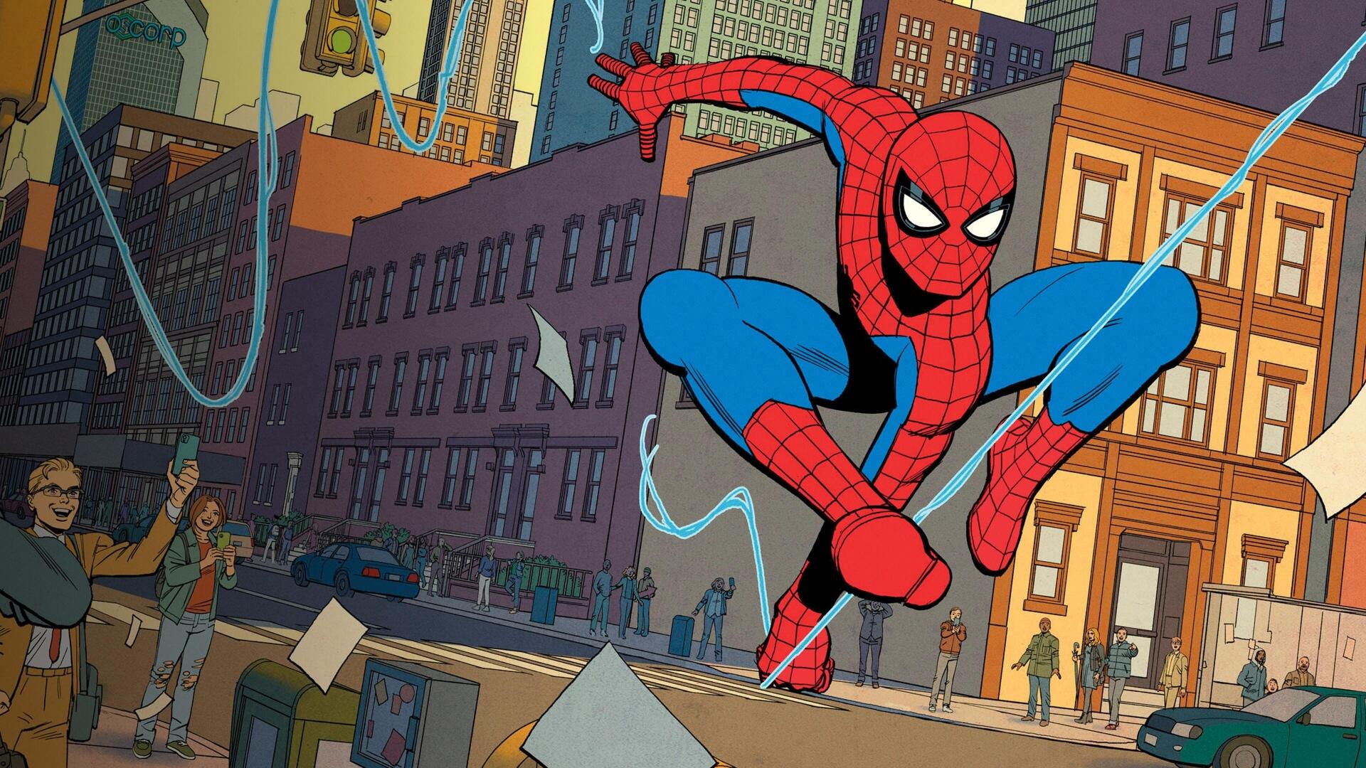 HD PC desktop wallpaper featuring Spider-Man swinging through a vibrant cityscape, capturing the essence of Your Friendly Neighborhood Spider-Man in dynamic action.