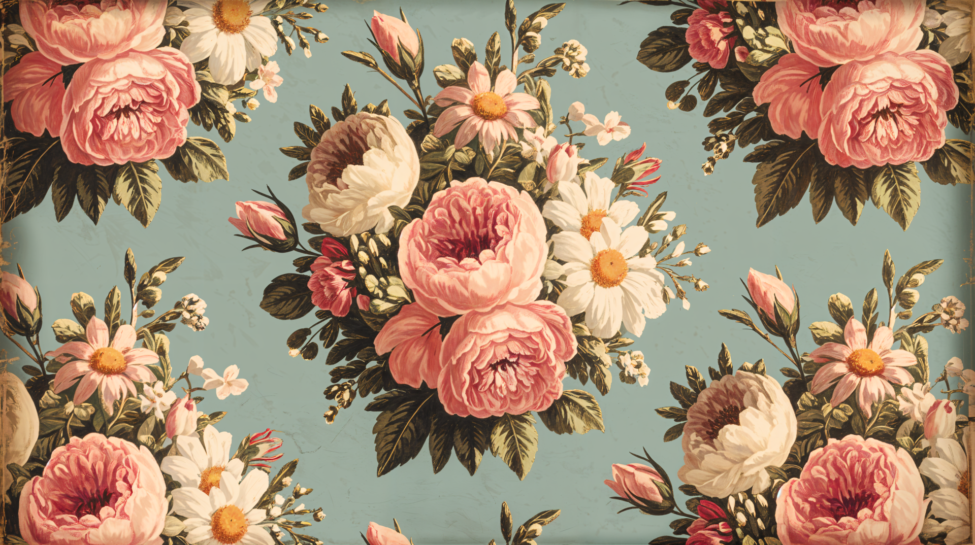 A vintage floral design features lush pink peonies and delicate daisies against a soft blue background, showcased in this vibrant 4K Ultra HD desktop wallpaper.