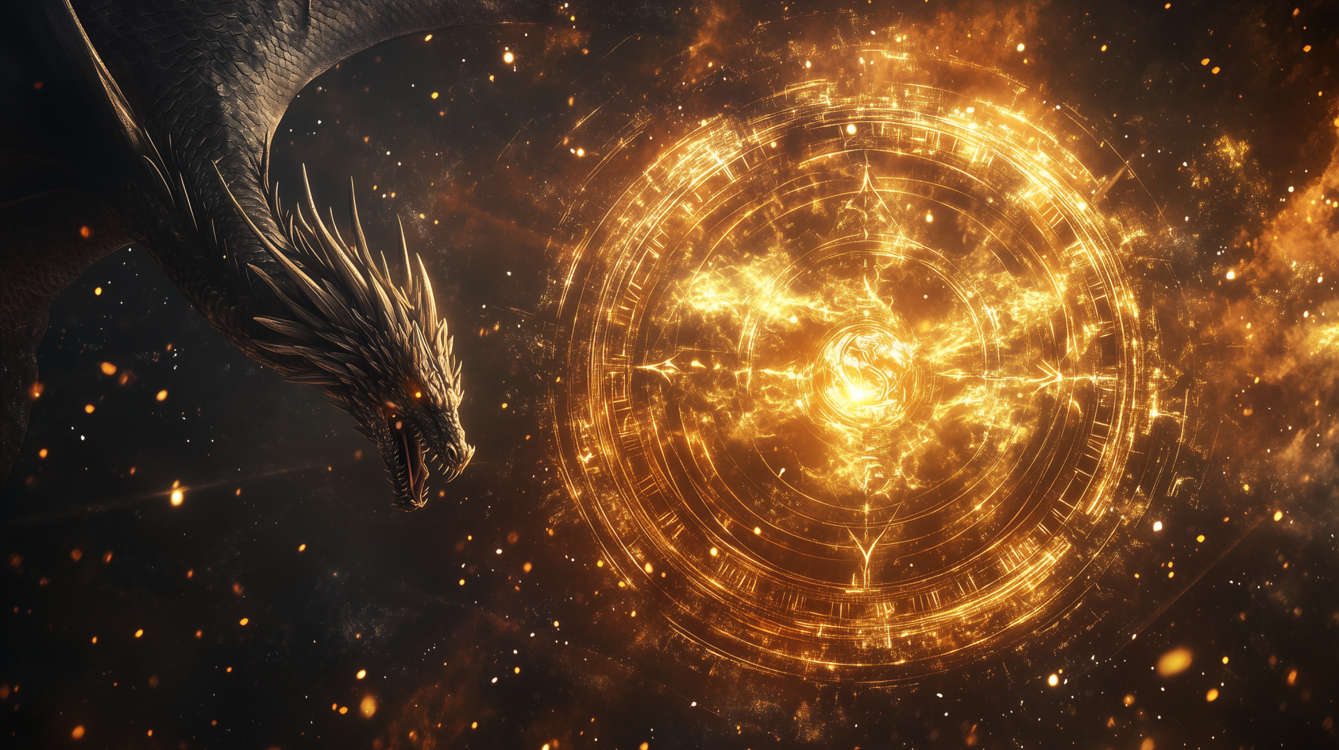 A majestic dragon hovers near a glowing fantasy portal, surrounded by sparkling cosmic elements. This striking image serves as an HD PC desktop wallpaper and background.