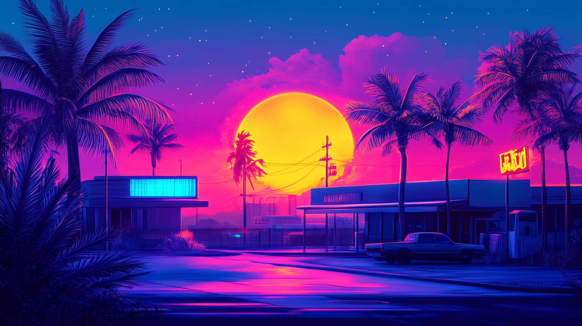 HD vaporwave PC desktop wallpaper featuring a neon-lit cityscape with palm trees and a large glowing sun setting against a vibrant purple and pink sky.