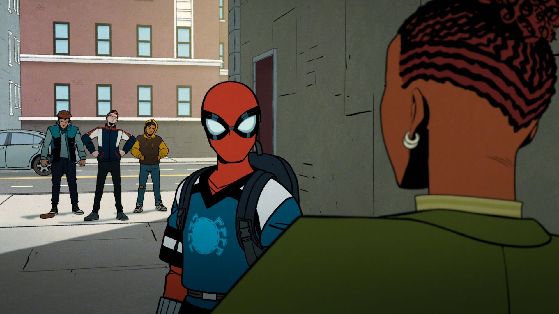 A vibrant scene from the TV show Your Friendly Neighborhood Spider-Man, featuring Spider-Man interacting with characters in an urban setting, designed as a 4K Ultra HD desktop wallpaper.
