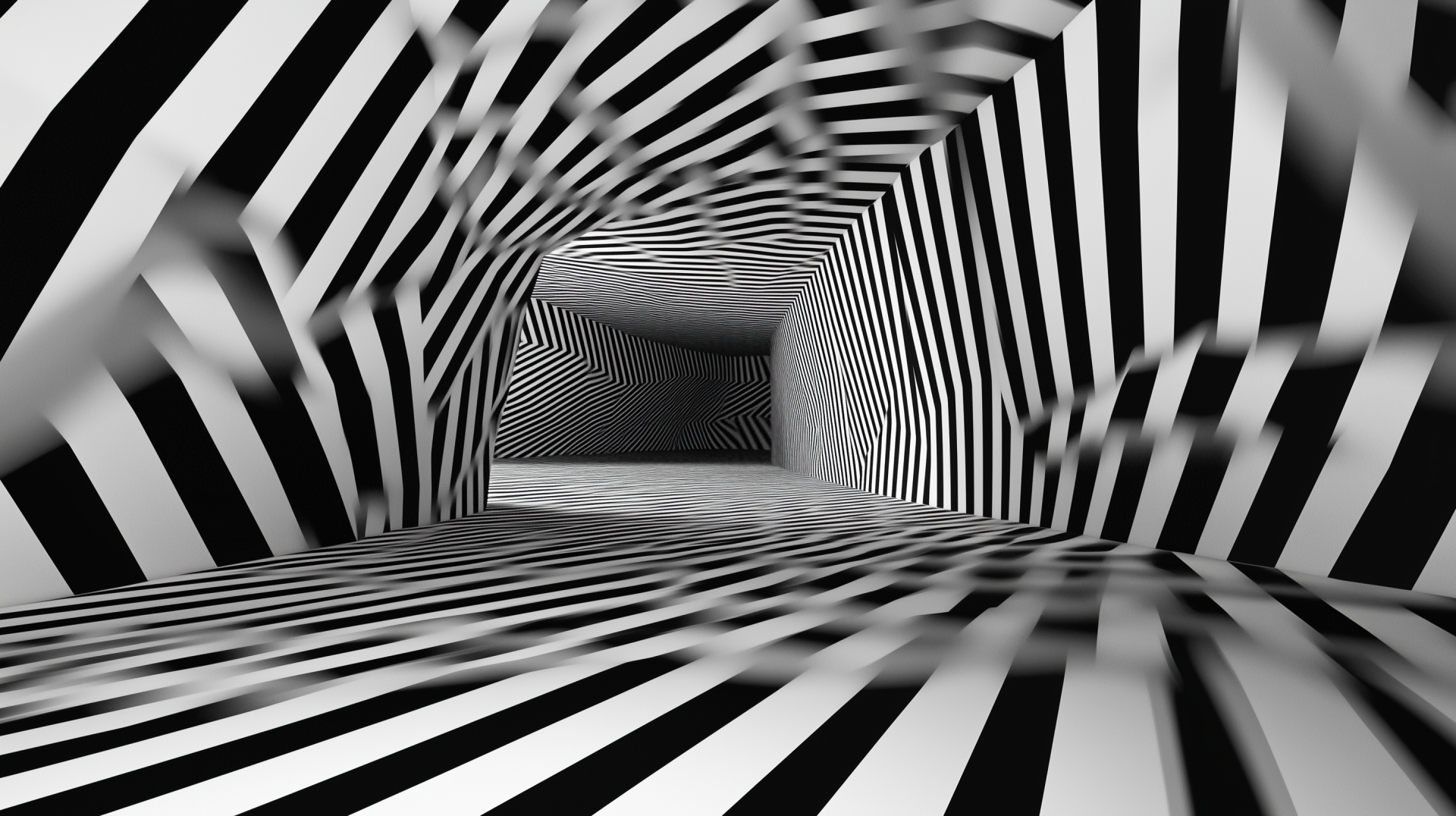 Abstract black and white geometric art featuring 3D patterns that create an illusion of infinite depth, designed as a high-definition desktop wallpaper.