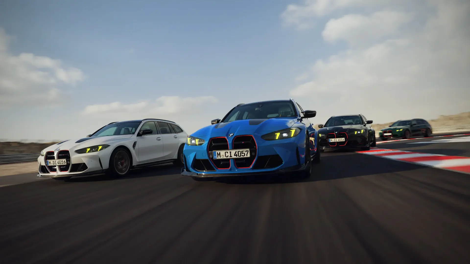 A striking HD wallpaper featuring the BMW M3 CS Touring among other BMW vehicles, showcasing their sleek designs and performance on a dynamic racetrack setting.