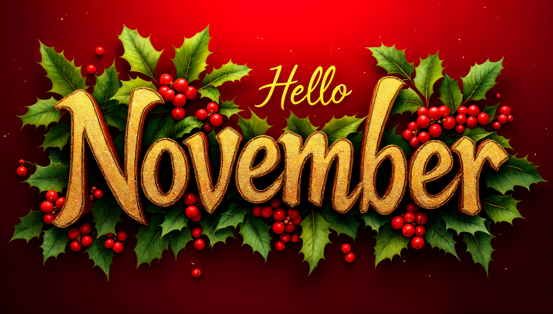 A vibrant 4K Ultra HD wallpaper featuring the greeting Hello November adorned with lush green leaves and red berries against a rich red background.