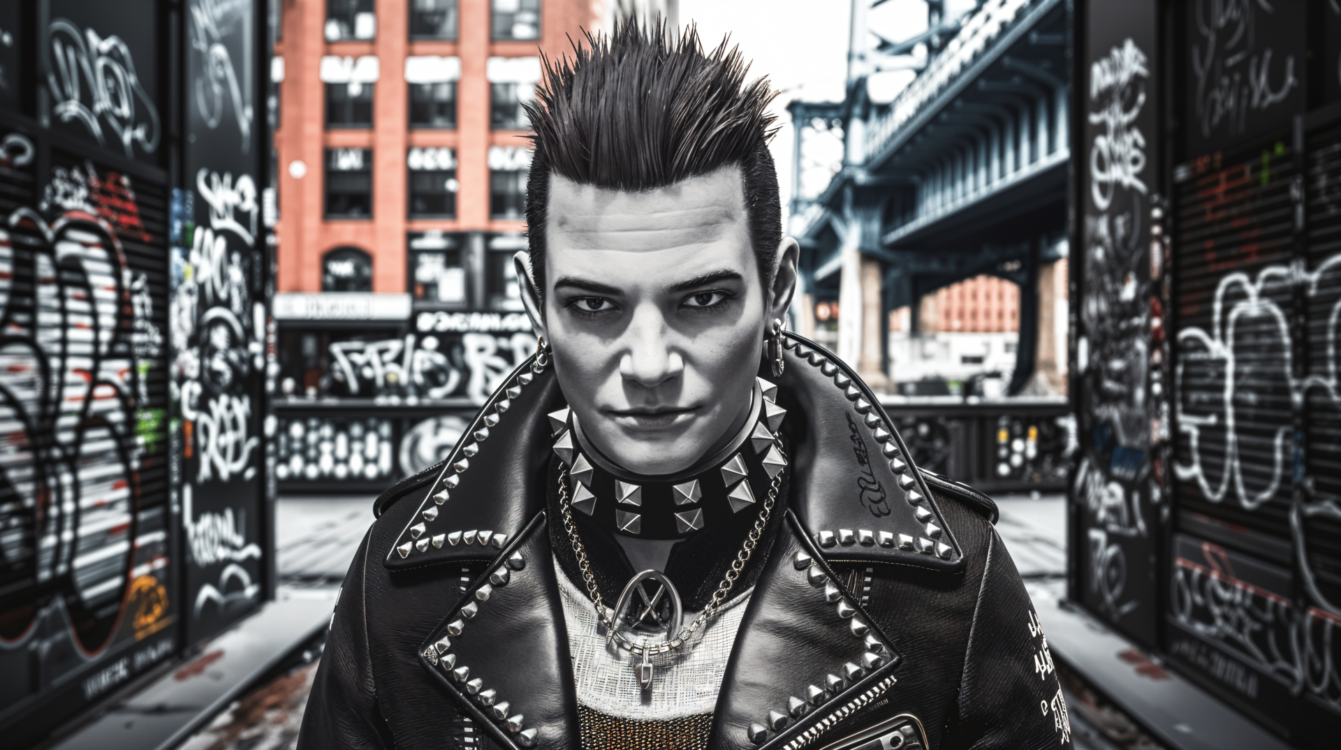 A striking 4K Ultra HD desktop wallpaper featuring a punk-styled figure with spiked hair and a leather jacket, set against a backdrop of urban graffiti and industrial architecture.