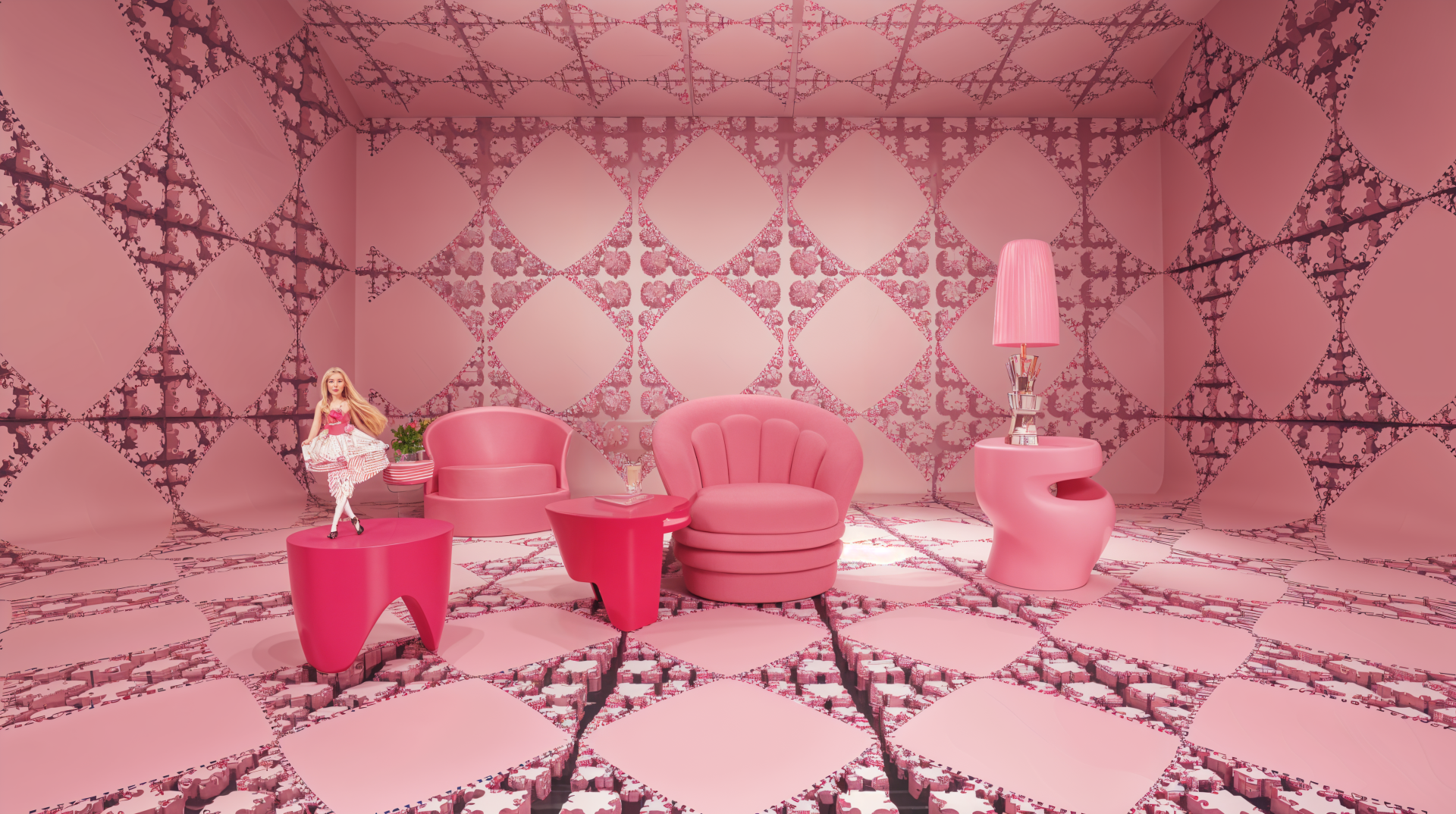 A vibrant, 4K Ultra HD wallpaper featuring a Barbiecore-inspired room filled with pink furniture and decor, creating a whimsical and feminine atmosphere.