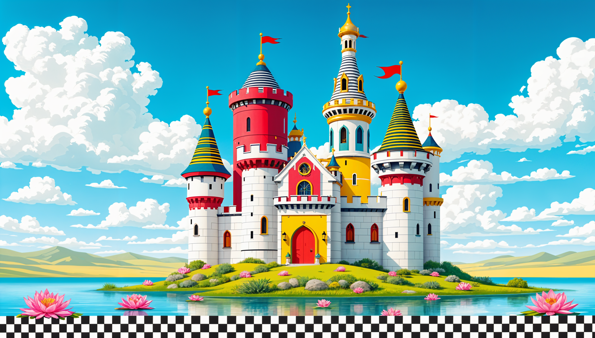 A vibrant fairytale castle stands majestically by a serene lake, surrounded by lush greenery and colorful flowers, against a bright blue sky. 4K Ultra HD PC desktop wallpaper.