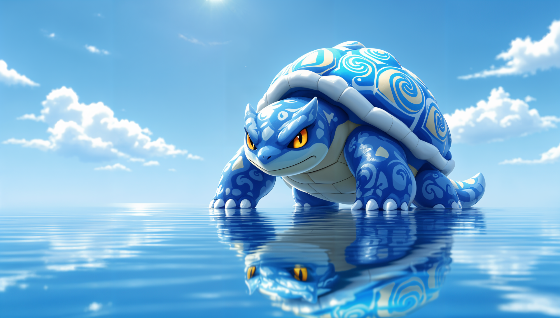 A vibrant 4K Ultra HD wallpaper featuring a blue turtle-like creature with striking yellow eyes, set against a clear blue sky and tranquil water, reflecting its dynamic design.