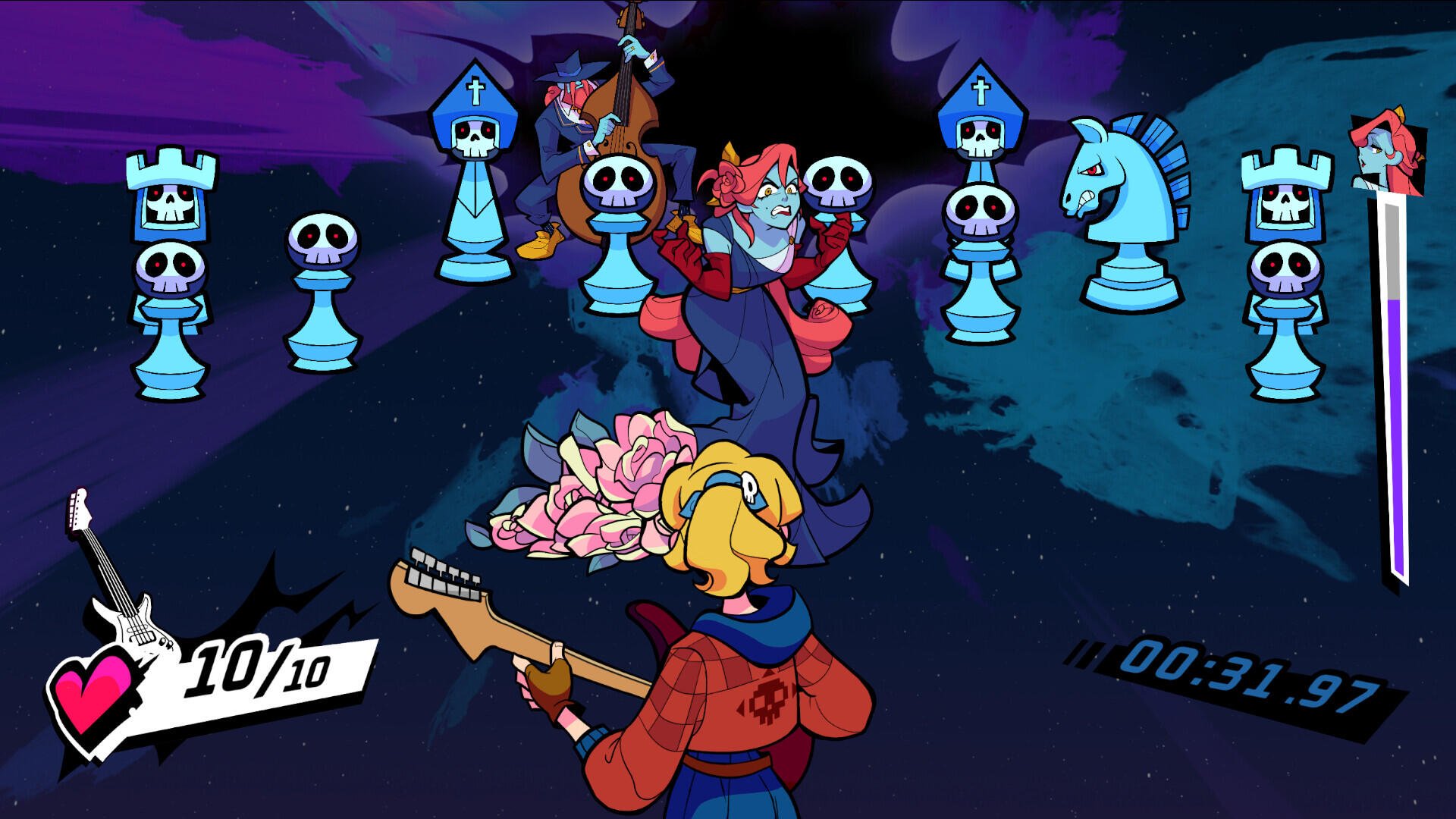 A vibrant HD wallpaper from the video game Rift of the NecroDancer, featuring colorful characters in a dynamic musical battle against chess pieces in a cosmic setting.