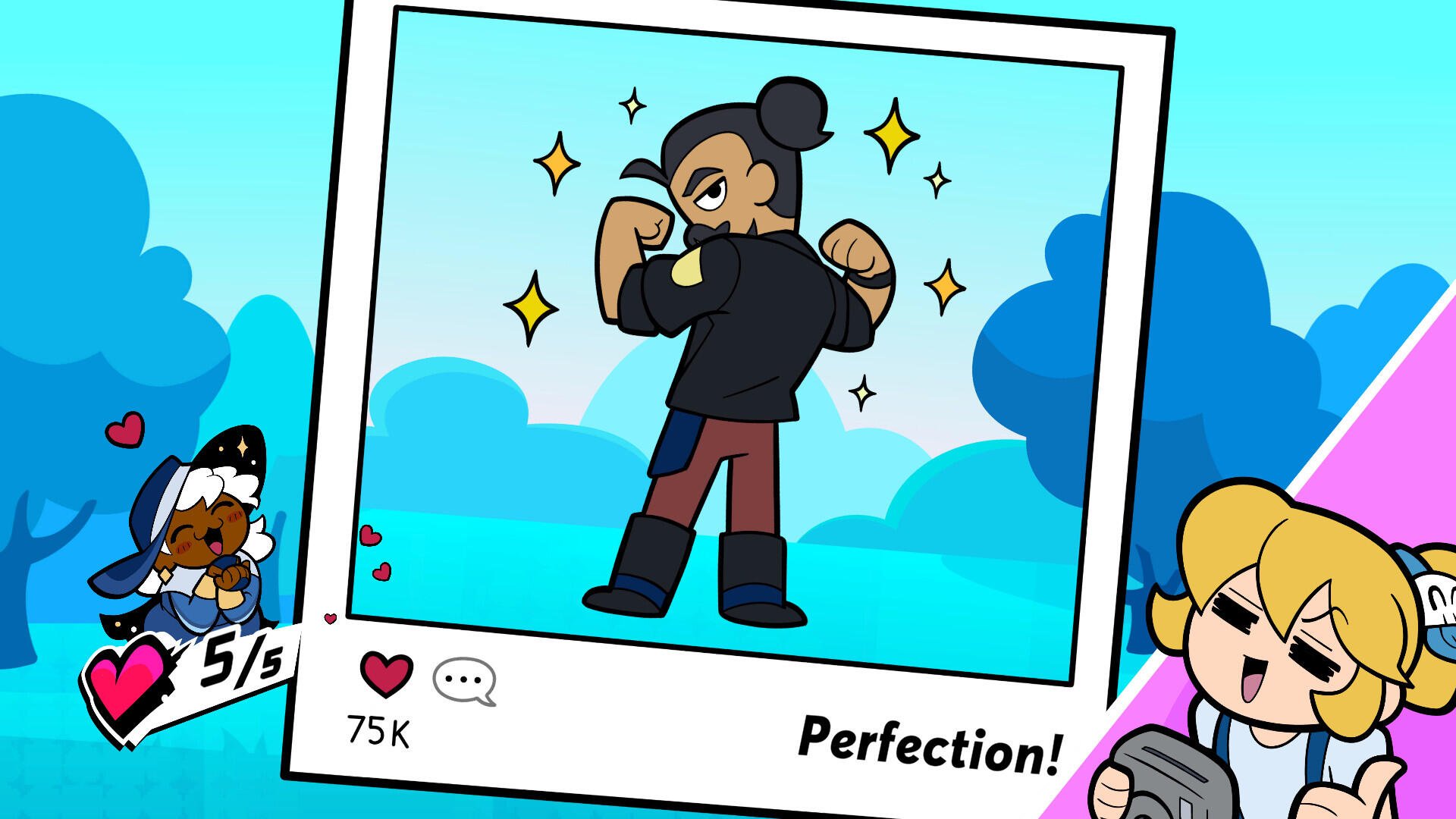 A vibrant HD desktop wallpaper from the video game Rift of the NecroDancer, featuring a character striking a confident pose, surrounded by sparkles and playful scenery.