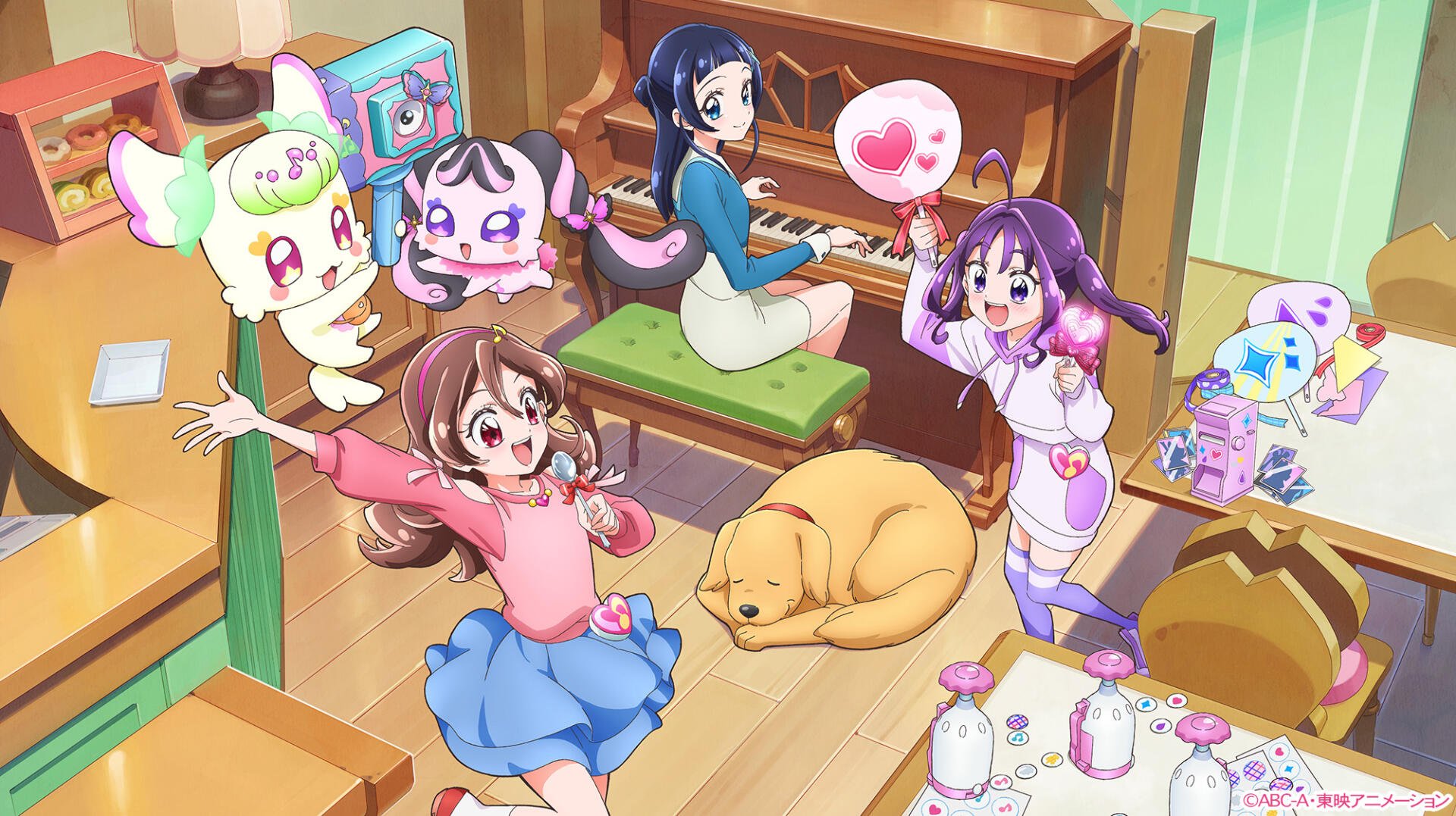 A vibrant anime scene from You and Idol Precure, featuring cheerful characters in a colorful room with a piano, cute creatures, and a resting dog, creating a lively atmosphere.