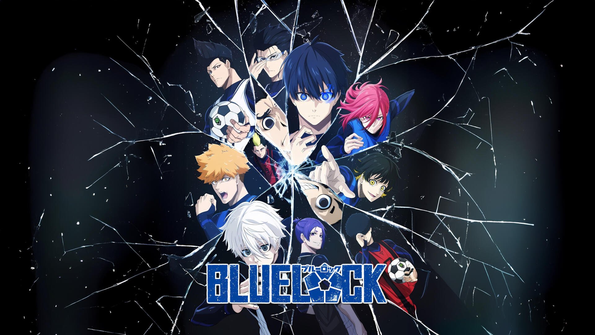 4K Ultra HD Blue Lock PC desktop wallpaper featuring key characters from the anime, displayed through a shattered glass effect with the Blue Lock logo at the bottom center.