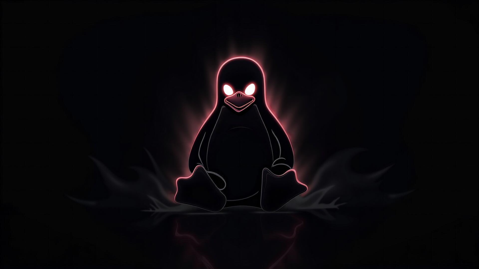 Dark, glowing AI art of the Linux penguin Tux with neon eyes, designed as an 8K Ultra HD PC desktop wallpaper and background.