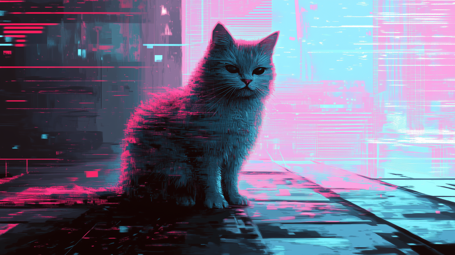 A glitchcore-inspired cat sits amidst a cyberpunk backdrop, blending vibrant pink and blue hues in this HD desktop wallpaper.
