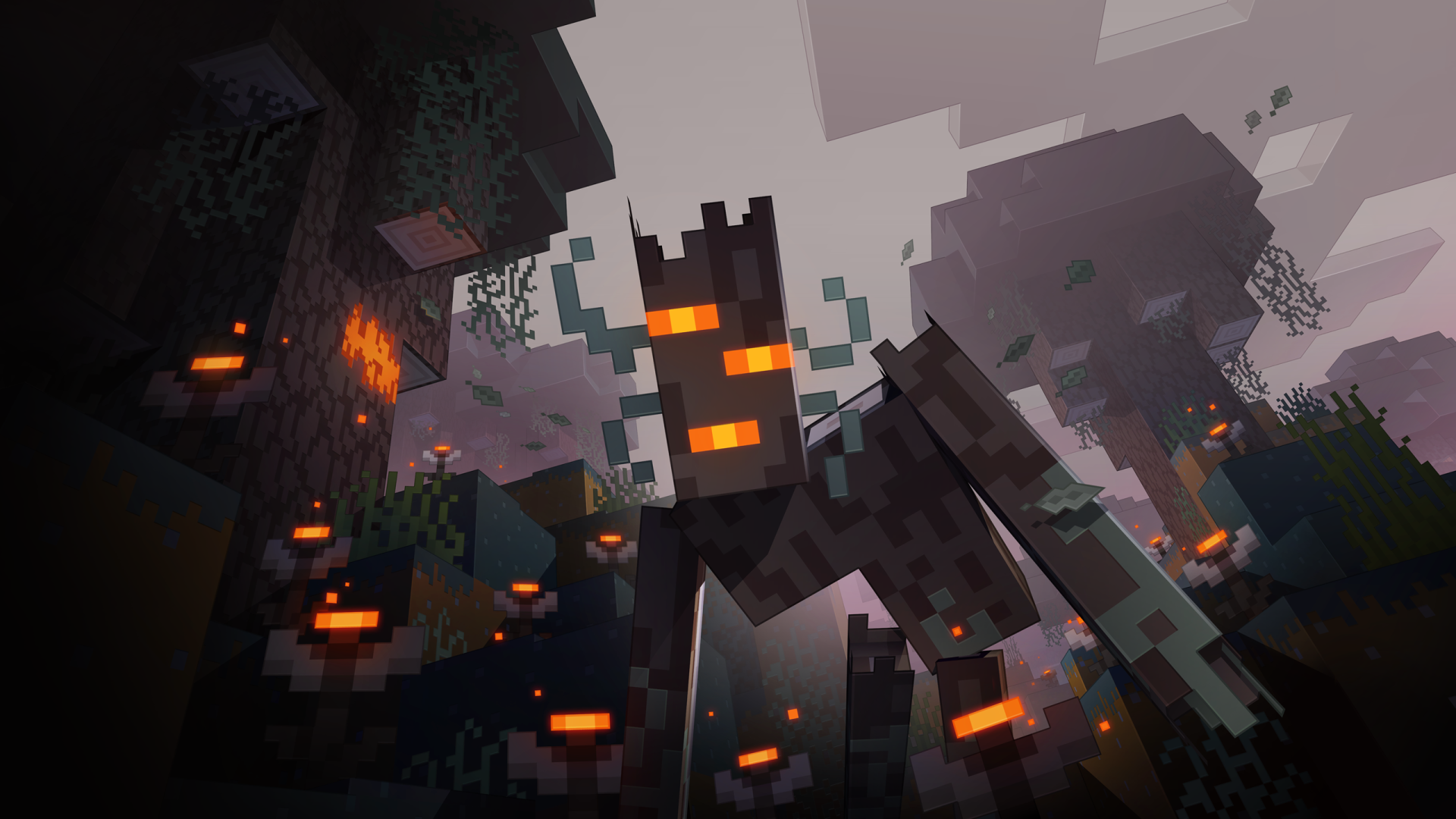 A captivating HD wallpaper from Minecraft featuring a menacing figure with glowing orange eyes amidst a dark, pixelated landscape filled with ominous elements.