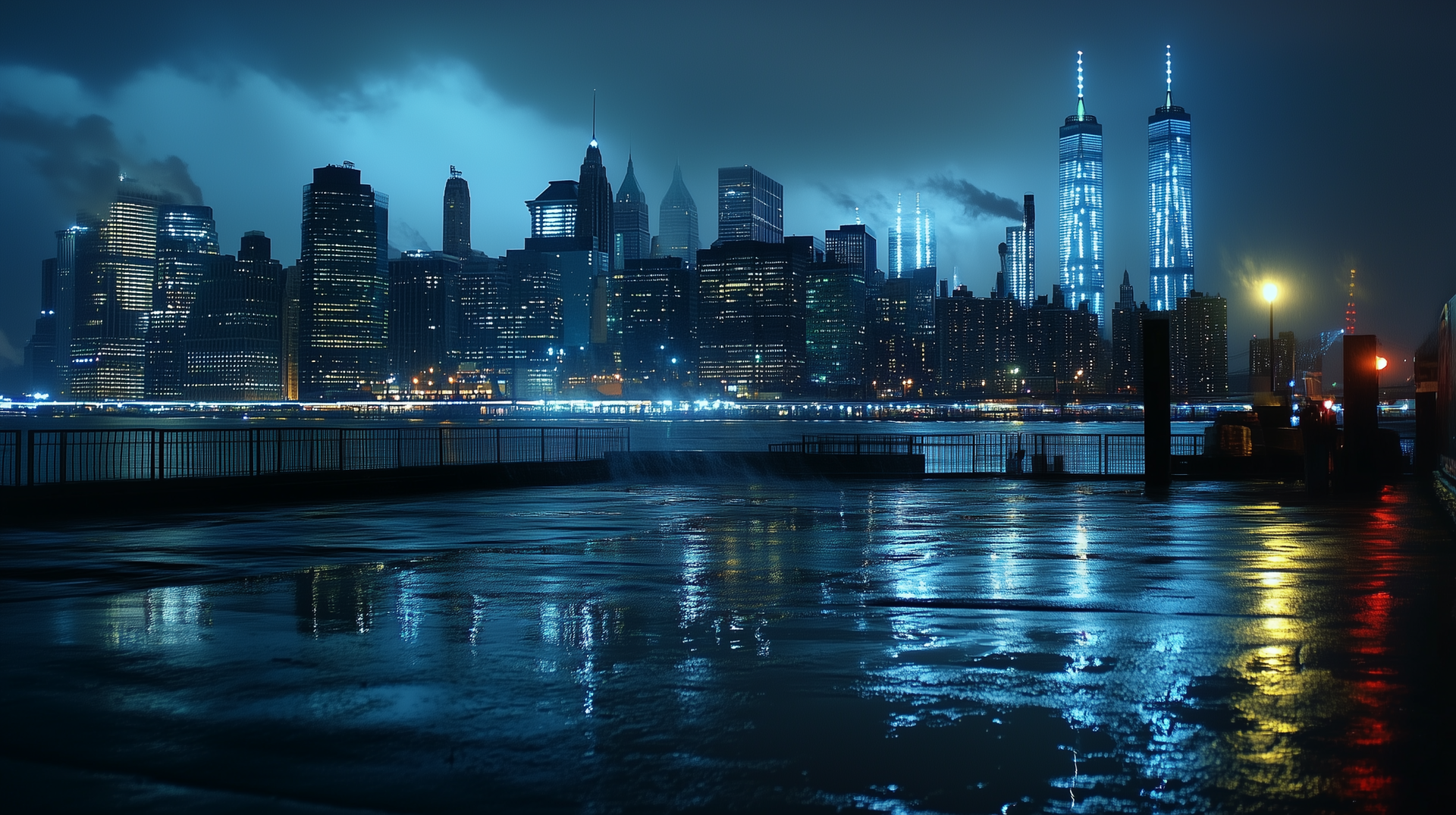 A stunning cityscape at night, featuring a blue skyline reflected on wet surfaces. This HD wallpaper captures the vibrant lights of an urban landscape, creating a serene atmosphere.