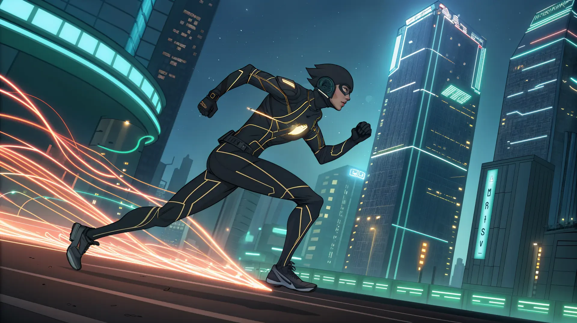 A dynamic scene featuring a data runner sprinting through a futuristic cityscape, illuminated by neon lights, captured in vibrant 4K Ultra HD.