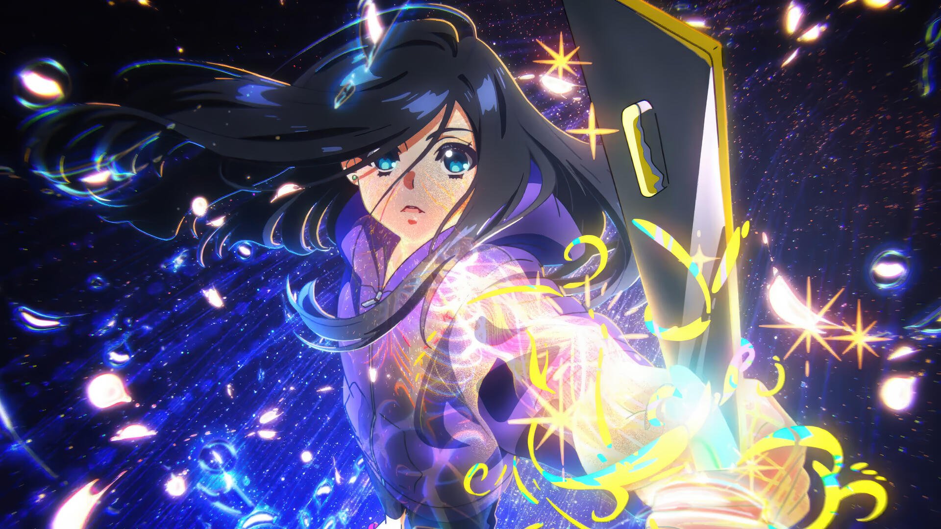 Anime-inspired 4K Ultra HD wallpaper featuring Zenshu's character Natsuko Hirose wielding a sword, surrounded by vibrant colors and sparkling elements.