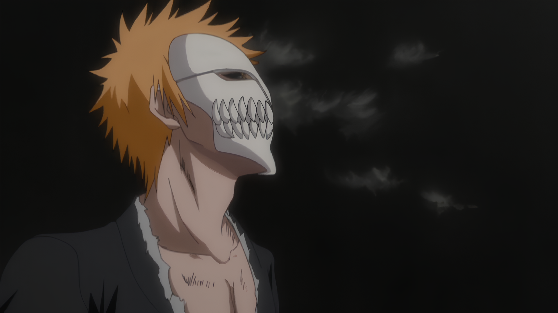 Ichigo Kurosaki as Hollow Ichigo from Bleach, wearing a white skeletal mask with orange hair against a dark cloudy sky — 4K Ultra HD PC desktop wallpaper.