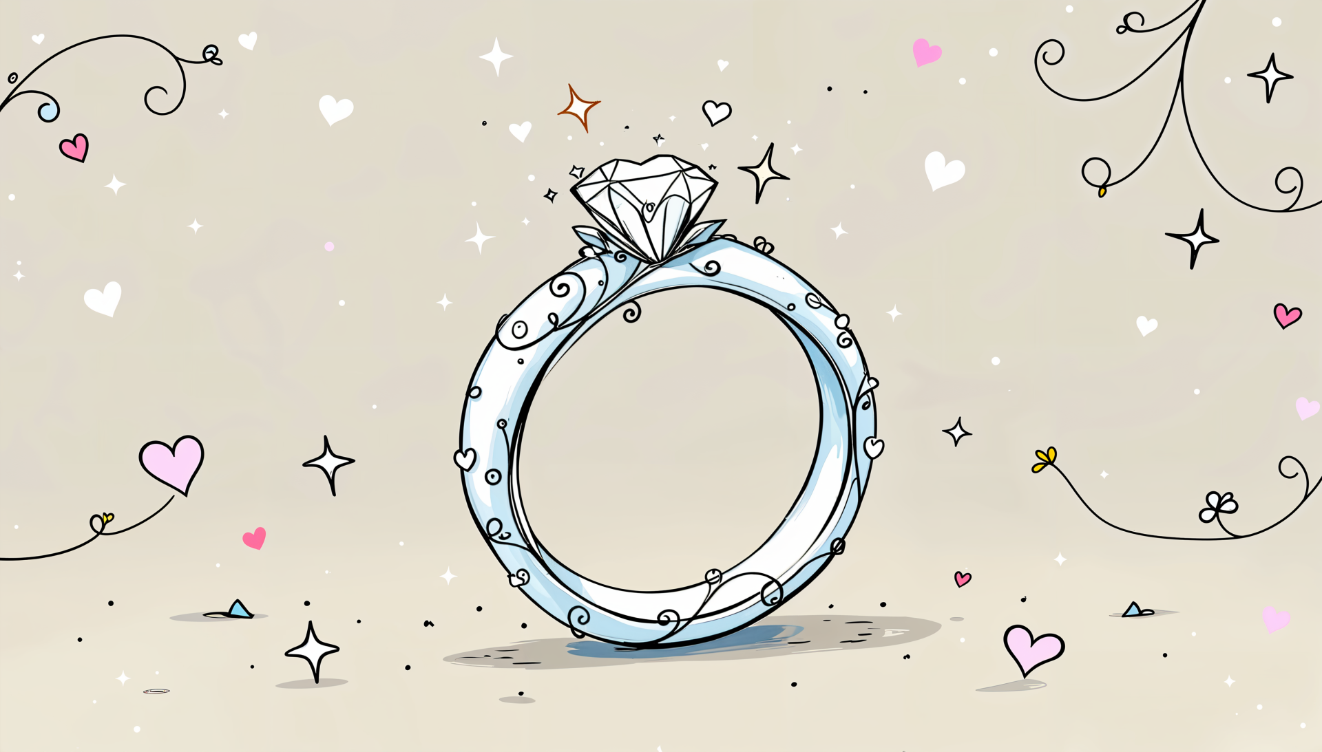 A beautifully illustrated wedding ring adorned with a diamond, surrounded by whimsical hearts and sparkles, serve as an enchanting 4K Ultra HD PC desktop wallpaper and background.