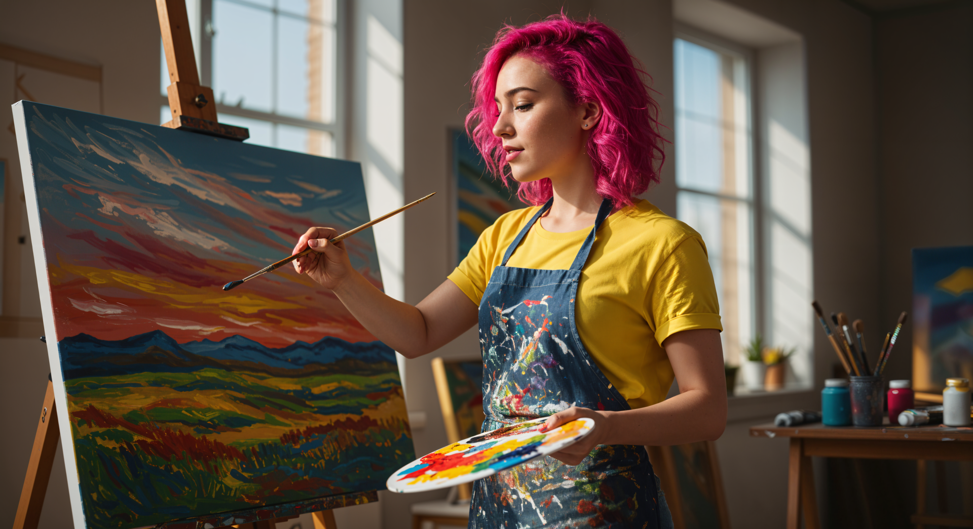 A woman with pink hair paints a colorful landscape on an easel in a bright studio, showcasing creativity in this vibrant 4K Ultra HD desktop wallpaper.