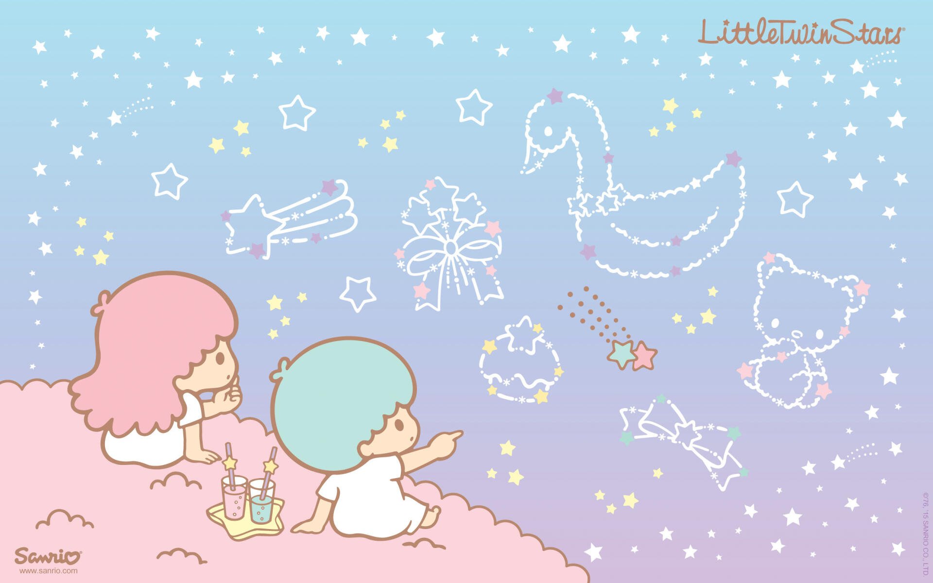 A charming HD wallpaper featuring the Little Twin Stars from Sanrio, with pastel colors and whimsical starry illustrations, capturing a serene moment of friendship and imagination.