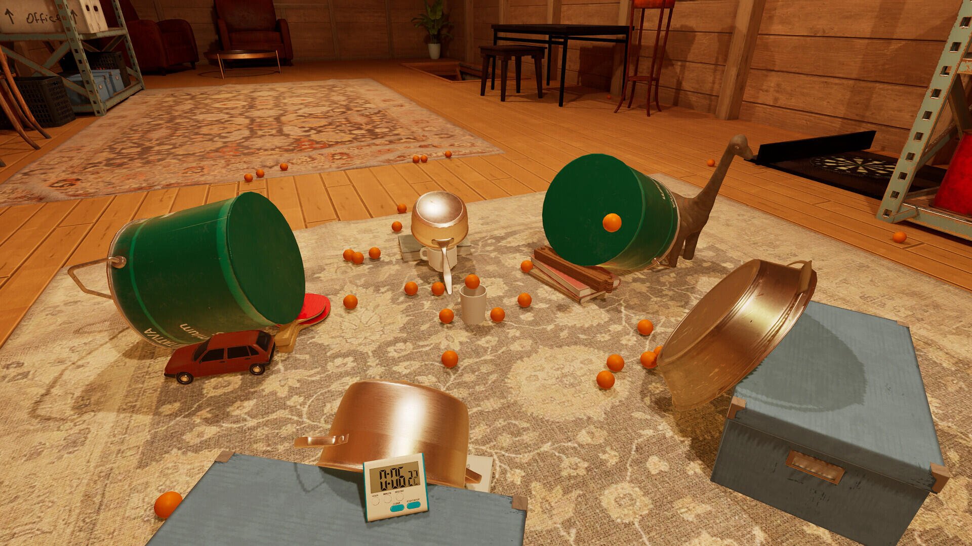 A vibrant HD desktop wallpaper featuring the playful scene of TrickShot Simulator, showcasing colorful buckets and balls scattered across a cozy indoor setting.