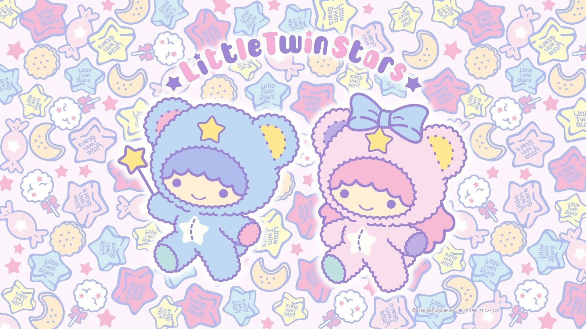 A colorful HD desktop wallpaper featuring the Little Twin Stars characters from Sanrio, set against a whimsical background of stars, moons, and playful patterns.