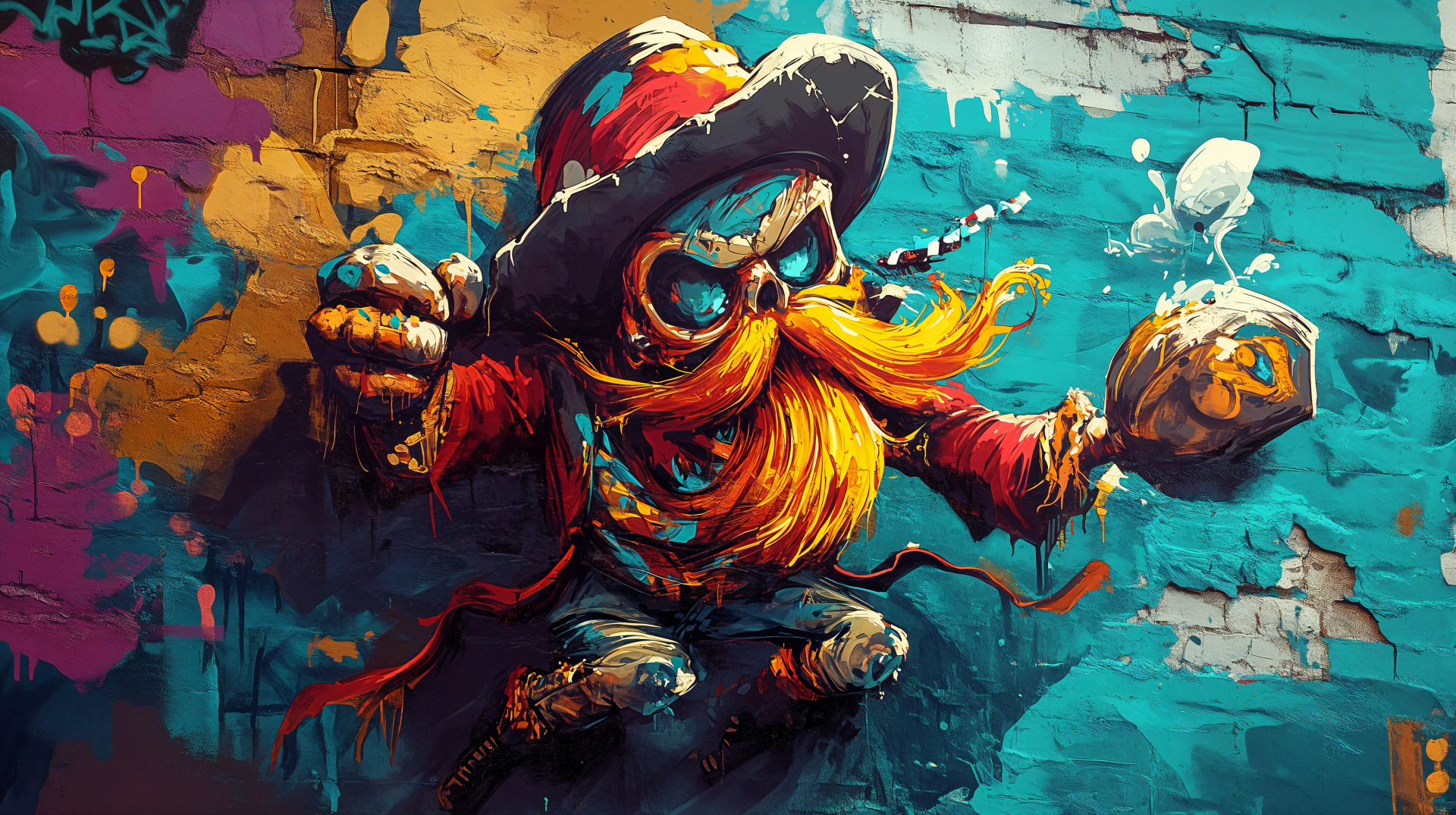 Vibrant graffiti wall featuring a colorful character with a large hat and a striking orange mustache. Captured in 4K Ultra HD, this image makes an eye-catching desktop wallpaper.