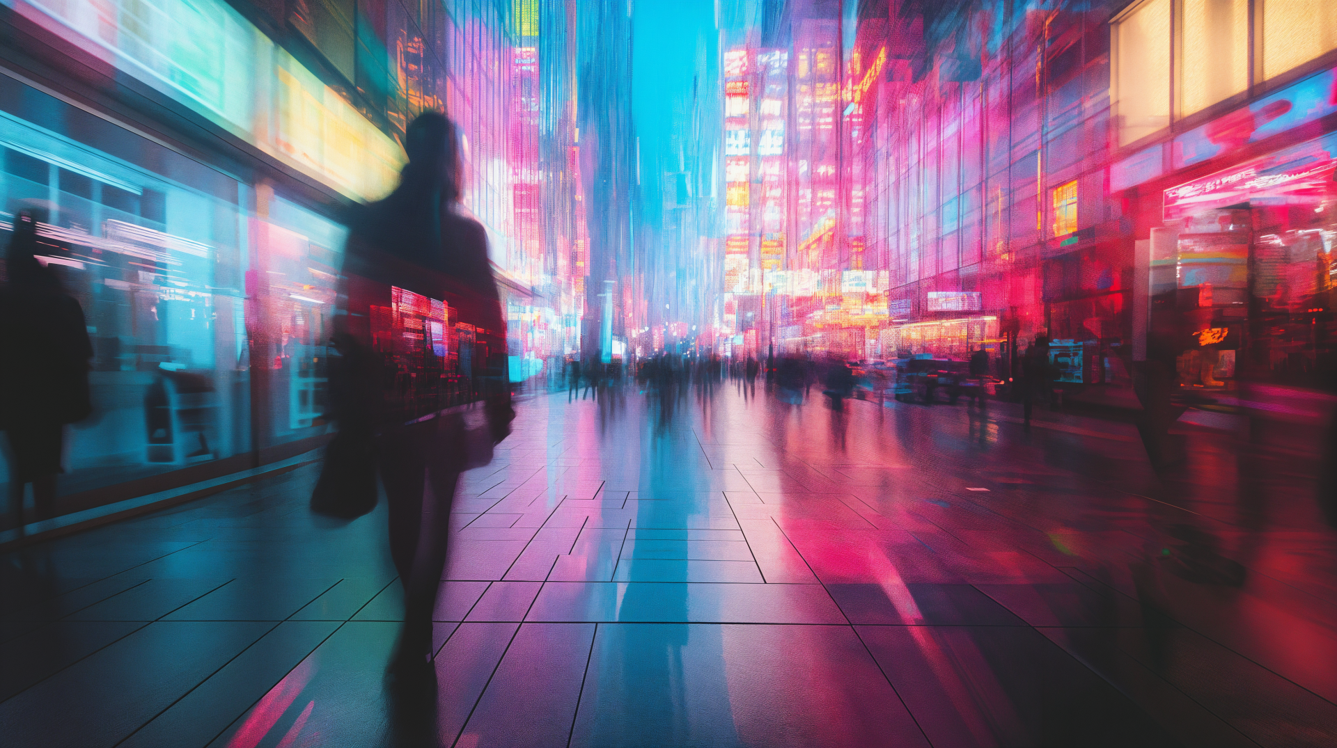 A vibrant urban nightlife scene with neon lights and silhouetted figures, enhanced by chromatic aberration in a sharp 4K Ultra HD wallpaper background.