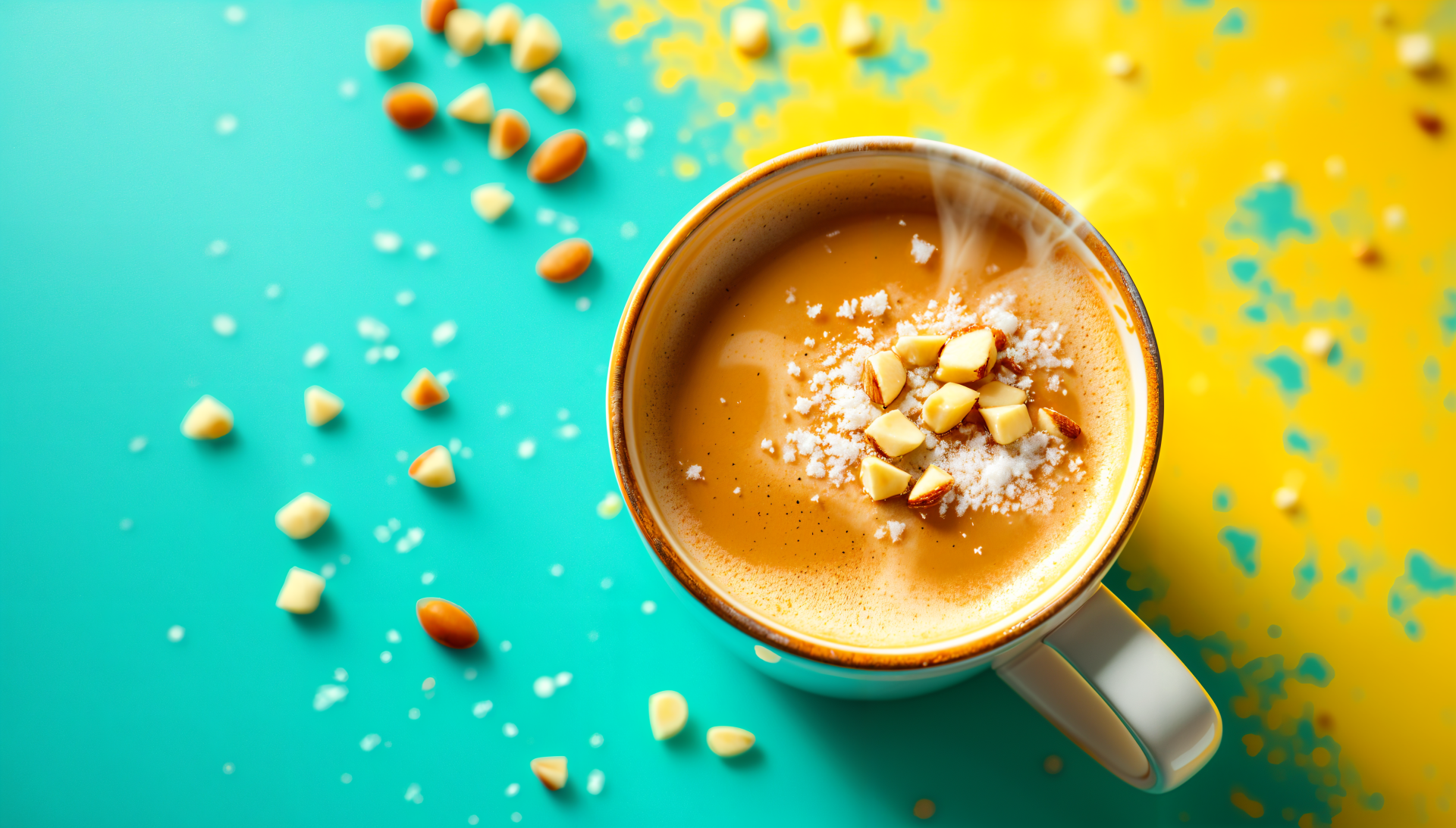 A steaming cup of coffee topped with crushed nuts sits against a vibrant teal and yellow background, accented by scattered garnishes, creating a lively desktop wallpaper.