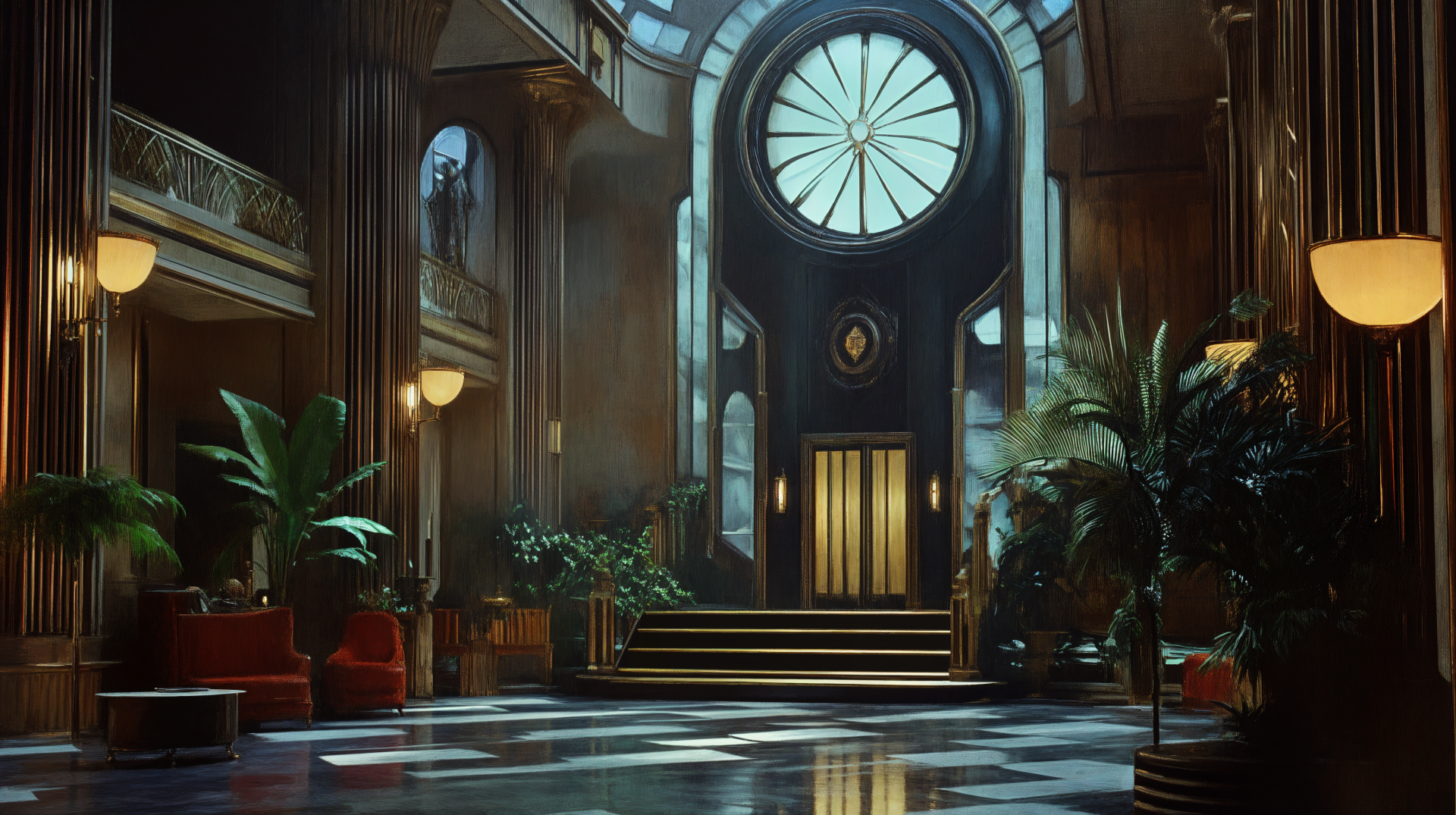 A luxurious Art Deco room with a grand circular window, marble floors, lush plants, and elegant lighting, captured in stunning 4K Ultra HD for a desktop wallpaper.