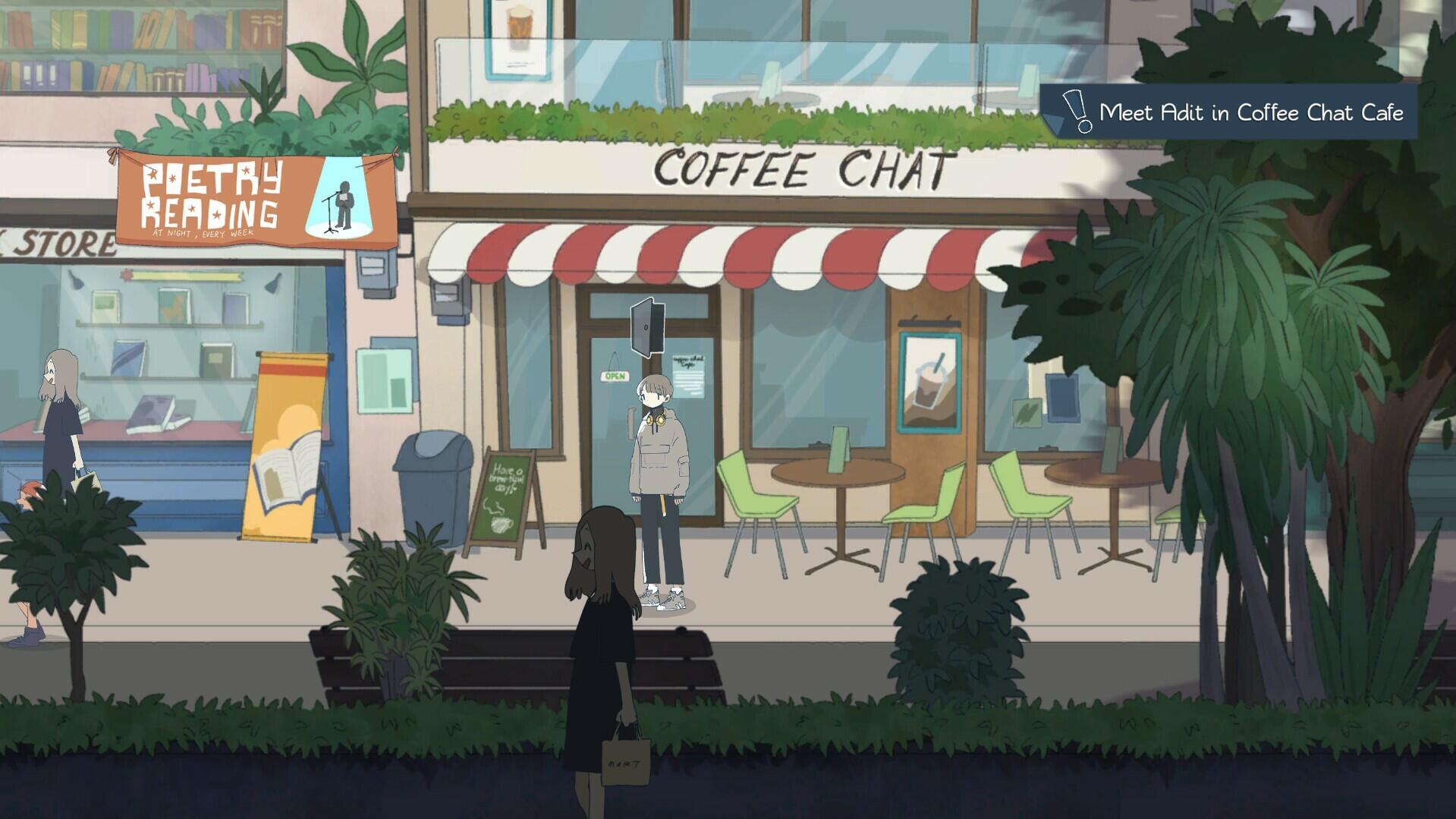 An HD wallpaper from Afterlove EP, depicting a serene street scene with a coffee shop and silhouettes of characters, capturing the game's vibrant atmosphere and art style.